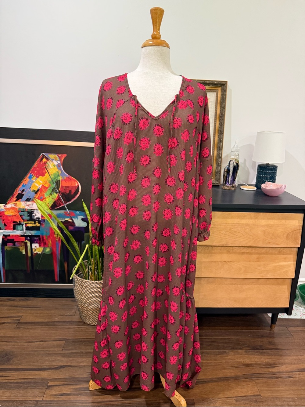 Brown Maxi Dress with Pink Floral Print - Women's Long Sleeve
